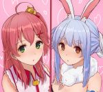  2girls ahoge animal_ear_fluff animal_ears animal_print bangs bare_shoulders bell blue_hair blush braid breasts bunny_ears bunny_girl c_flat cat_print cleavage collar eyebrows eyebrows_visible_through_hair green_eyes hair_bell hair_between_eyes hair_ornament hairclip heart hololive long_hair looking_at_viewer multiple_girls one_side_up orange_eyes pink_background pink_hair red_collar sakura_miko scarf upper_body usada_pekora virtual_youtuber 