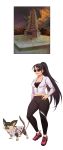  1girl bangs black_hair breasts cleavage dog highres jacket large_breasts leash long_hair midriff mole mole_on_breast navel original pagong ponytail red_eyes shoes sneakers solo spandex sunglasses 