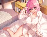  bed book breasts cleavage cropped fate/grand_order fate_(series) glasses mash_kyrielight pink_hair pn_(wnsl216) purple_eyes short_hair 