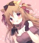  1girl :d animal_ear_fluff animal_ears bare_shoulders black_bow black_gloves blush bow breasts brown_background brown_dress brown_hair brown_sleeves cat_ears cleavage commentary_request detached_sleeves dress dutch_angle gloves hair_bow hair_ornament hairclip index_finger_raised long_hair looking_at_viewer medium_breasts neck_ribbon open_mouth original puffy_short_sleeves puffy_sleeves red_bow red_eyes red_ribbon ribbon shiratama_(shiratamaco) short_sleeves smile solo strapless strapless_dress striped striped_bow two_side_up upper_body 