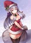  1girl bare_shoulders bell belt bow dress fire_emblem fire_emblem:_three_houses fur_trim gloves hair_ornament hat highres holding long_hair lysithea_von_ordelia open_mouth pink_eyes pom_pom_(clothes) red_headwear sack santa_costume santa_hat se-u-ra sleeveless solo white_gloves white_hair 