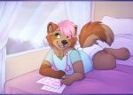  2018 5_fingers ambiguous_gender anthro applepup bed black_nose brown_body brown_fur canid canine clothing crayon curtains diaper drawing fingers fur furniture green_eyes hair lying mammal multicolored_body multicolored_fur multicolored_tail on_bed pacifier paper pillow pink_hair raccoon_dog shirt smile solo topwear window young 