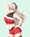  1girl alternate_costume aqua_background arm_up belt black_hairband breasts cleavage corrin_(fire_emblem) corrin_(fire_emblem)_(female) fire_emblem fire_emblem_fates fur_trim grin hairband highres long_hair navel pointy_ears red_eyes red_shorts seityr short_shorts shorts simple_background smile solo white_hair 