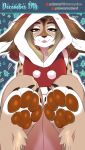  2019 anthro black_body black_fur blonde_hair blue_background bottomless brown_body brown_eyes brown_fur brown_hair christmas christmas_tree claws clothed clothing english_text felid feline fluffy foot_focus fur fuzzy hair half-closed_eyes hi_res holidays holly_(plant) hoodie lynx mammal matemi matemi_(character) multicolored_hair narrowed_eyes pawpads paws plant simple_background spots spotted_body spotted_fur star striped_body striped_fur stripes tan_body tan_fur text toe_claws tongue tongue_out topwear tree white_body white_fur yellow_sclera 