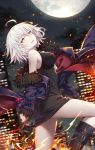  1girl ahoge bangs belt_boots black_dress black_footwear blush boots breasts cityscape dress eyebrows_visible_through_hair fate/grand_order fate_(series) full_moon fur-trimmed_jacket fur_trim gabiran jacket jeanne_d&#039;arc_(alter)_(fate) jeanne_d&#039;arc_(fate)_(all) knee_boots large_breasts looking_at_viewer moon night open_mouth outdoors purple_jacket short_hair silver_hair sleeveless sleeveless_dress smile solo wicked_dragon_witch_ver._shinjuku_1999 wind yellow_eyes 