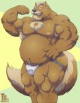  2019 5_fingers absurd_res anthro armpit_hair barazoku beard belly biceps big_muscles black_nose body_hair brown_body brown_fur bulge canid canine canis chest_hair clothed clothing eyebrows eyewear facial_hair fingers flexing fur glasses green_eyes hair happy_trail hi_res huge_muscles jockstrap looking_at_viewer male mammal mature_male musclegut muscular muscular_arms muscular_male muscular_thighs mustache nipples overweight overweight_male pecs pink_nipples smile solo tan_hair thick_eyebrows topless tylerstark underwear underwear_only wolf 