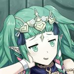  1girl bare_shoulders braid damagefloor fire_emblem fire_emblem:_three_houses green_eyes green_hair hair_ornament hair_ribbon hand_on_head jewelry long_hair manakete open_mouth pointy_ears ribbon ribbon_braid side_braid smile smirk solo sothis_(fire_emblem) tiara twin_braids 