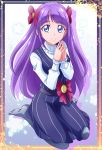  1girl bangs blue_eyes bow closed_mouth dress eyebrows_visible_through_hair full_body grey_legwear hair_bow hanzou highres kaguya_madoka kneeling long_hair long_sleeves looking_at_viewer medium_dress pantyhose pinafore_dress precure purple_dress purple_hair red_bow shiny shiny_hair shirt smile solo star_twinkle_precure striped turtleneck vertical-striped_dress vertical_stripes very_long_hair white_shirt 