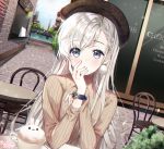 1girl artist_name bangs beige_sweater blue_eyes braid cafe chair chii_(nyaong9) chin_rest coffee commentary_request cup day dutch_angle grey_hair hand_to_own_mouth hisakawa_hayate idolmaster idolmaster_cinderella_girls lamppost latte_art long_sleeves looking_at_viewer mismatched_earrings outdoors pom_pom_earrings pov_across_table ribbed_sweater side_braid sitting solo stone_walkway sweater table teacup watch wristwatch 