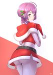  1girl belt bernadetta_von_varley closed_mouth deekei fire_emblem fire_emblem:_three_houses from_behind fur_trim grey_eyes hair_ornament hat highres holding holding_hat looking_back pom_pom_(clothes) purple_hair red_headwear santa_costume santa_hat simple_background solo white_legwear 