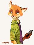  2016 anthro canid canine cellphone cheek_tuft clothed clothing disney facial_tuft fox fur green_eyes head_tuft holding_cellphone holding_object holding_phone ieatpockey inner_ear_fluff looking_away mammal necktie nick_wilde one_ear_up orange_body orange_fur phone red_fox shirt simple_background solo topwear tuft white_background white_body white_fur zootopia 