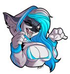  2019 5_fingers blue_hair breasts canid canine clothing digital_media_(artwork) eyebrows eyelashes female fingers furkinghell grey_eyes hair looking_at_viewer mammal open_mouth simple_background smile solo teeth tongue white_background 