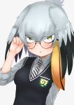  1girl absurdres adjusting_eyewear alternate_costume alternate_eyewear bird_wings black_hair black_neckwear black_vest blonde_hair breast_pocket collared_shirt deku_suke eyebrows_visible_through_hair glasses green_eyes grey_hair grey_shirt hair_tie hands_on_eyewear head_wings highres japari_symbol kemono_friends long_sleeves multicolored_hair necktie pocket school_uniform shirt shoebill_(kemono_friends) short_hair solo striped striped_neckwear vest white_neckwear wings 