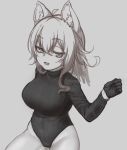  1girl ahoge animal_ears blush breasts cameltoe cat_ears character_request copyright_request eyebrows_visible_through_hair gloves greyscale large_breasts long_hair long_sleeves looking_at_viewer monochrome nyifu open_mouth smile solo sweater teeth thick_thighs thighs turtleneck turtleneck_sweater 