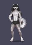  2019 4_toes 5_fingers abs anthro black_nose blue_eyes bulge canid canine canis clothed clothing digital_media_(artwork) domestic_dog eyebrows eyelashes fingers hair husky koul long_hair looking_at_viewer male mammal muscular muscular_male nordic_sled_dog smile solo spitz toes underwear 