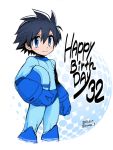  1boy android anniversary black_hair blue_eyes blush capcom cowboy_shot cropped_legs dated hair_between_eyes headwear_removed helmet helmet_removed holding holding_helmet male_focus rockman rockman_(character) rockman_(classic) ryuda simple_background smile solo text_focus twitter_username 