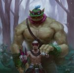  2017 abs ambiguous_gender anthro beard blindfold bodily_fluids bottomwear clothing eyewear facial_hair fairy forest goggles group hat headgear headwear hi_res hozure human league_of_legends lee_sin_(lol) male mammal muscular muscular_male pants pix_(lol) riot_games shoulder_grab size_difference smile surprise sweat teemo_(lol) tree video_games yordle 