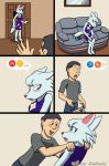  ... ?! animal_crossing anthro arctic_wolf blush breasts brown_hair caluriri canid canine canis clothed clothing comic digital_media_(artwork) door dress duo female fur furniture hair happy hi_res human human_on_anthro interspecies mammal mirror nintendo nintendo_switch open_mouth open_smile pictographics pregnancy_test purple_clothing purple_dress ryan_(azeiron) signature smile sofa speech_bubble video_games white_body white_fur white_tail whitney_(animal_crossing) wolf 