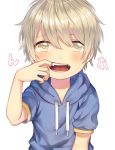  1boy alk bangs blonde_hair blush cheek_pull fangs hair_between_eyes hood hoodie looking_at_viewer male_focus open_mouth original simple_background solo tongue white_background yellow_eyes 