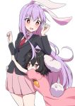  2girls animal_ears arms_up black_hair blush blush_stickers bright_pupils bunny_ears bunny_tail carrot_necklace commentary_request cowboy_shot dress dress_shirt eyebrows_visible_through_hair glomp hand_on_another&#039;s_hip hand_on_another&#039;s_waist highres hug hug_from_behind inaba_tewi lavender_hair leaning_forward leaning_on_person long_hair long_sleeves looking_at_another looking_down multiple_girls necktie open_mouth pink_dress pink_skirt pleated_skirt puffy_short_sleeves puffy_sleeves red_eyes red_neckwear reisen_udongein_inaba shirt short_hair short_sleeves simple_background skirt standing suit_jacket tail touhou tsukimirin very_long_hair white_background white_pupils white_shirt 