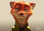  2016 anthro black_nose canid canine clothed clothing disney fluffy fox front_view fur half-closed_eyes hi_res inner_ear_fluff kureenbean light lighting looking_at_viewer mammal narrowed_eyes necktie nick_wilde orange_body orange_fur red_fox shirt simple_background smile solo tan_background topwear tuft white_body white_fur zootopia 