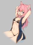  1girl ahoge animal_ears arms_behind_head arms_up blue_eyes blush breasts cat_ears cleavage eyebrows_visible_through_hair fang grey_background hinata_channel large_breasts long_hair looking_at_viewer navel nekomiya_hinata nyifu open_mouth pink_hair simple_background smile solo 