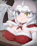  1girl ?? blue_eyes breast_rest breasts brown_eyes cleavage collar dog_(mixed_breed)_(kemono_friends) elbow_gloves eyeshadow gloves grey_hair heterochromia kemono_friends large_breasts looking_at_viewer makeup multicolored_hair nyifu parted_lips santa_costume short_hair solo white_gloves white_hair 