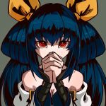  1girl bare_shoulders big_hair blue_hair breasts cleavage detached_sleeves dizzy grey_background guilty_gear hair_ribbon hair_rings hands_clasped highres kuangren_k long_hair own_hands_together praying red_eyes ribbon ringed_eyes solo upper_body yellow_ribbon 
