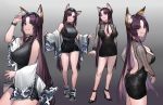  1girl absurdres alternate_costume animal_ear_fluff animal_ears backless_dress backless_outfit bangs bare_legs bare_shoulders black_dress black_footwear black_shirt black_shorts breasts casual commentary commission contemporary covered_navel dress eyebrows_visible_through_hair eyewear_on_head fox_ears gradient gradient_background grey_background high_heels highres kamidori_alchemy_meister kohakuren large_breasts long_hair looking_at_viewer micro_shorts multiple_views neonbeat no_tail parted_bangs parted_lips purple_hair purple_nails shirt shoes shorts simple_background sleeveless sleeveless_shirt smile sunglasses very_long_hair watch wide_sleeves wristwatch yellow_eyes 