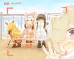  3girls :d alpaca_ears alpaca_suri_(kemono_friends) alternate_costume animal_ears backpack bag battery_indicator bird_tail black-headed_ibis_(kemono_friends) black_hair blonde_hair blue_eyes blush boots brown_hair child coat commentary gloves gradient_hair hair_over_one_eye hat head_wings japanese_crested_ibis_(kemono_friends) kemono_friends mittens moeki_(moeki0329) multicolored_hair multiple_girls open_mouth pom_pom_(clothes) railing red_hair scarf scarlet_ibis_(kemono_friends) self_shot shoulder_bag sidelocks smile stick twitter_username viewfinder w waving white_hair yellow_eyes younger 