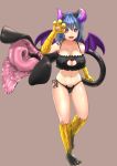  1girl absurdres animal_ears ass_visible_through_thighs bare_shoulders blue_hair blush braco breasts brown_background cat_ears cat_lingerie cleavage collarbone commission demon_girl demon_horns demon_tail demon_wings eyebrows_visible_through_hair fang full_body highres horns large_breasts looking_at_viewer meme_attire open_mouth original purple_eyes simple_background smile solo tail wings 