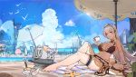  1girl alternate_costume arm_support azur_lane barefoot beach beach_towel beach_umbrella belfast_(azur_lane) bikini bird blue_sky blurry braid breasts brown_bikini cleavage cliff cloud cloudy_sky commentary_request cross cross_earrings cup day depth_of_field detached_collar earrings footwear_removed french_braid frilled_bikini frills from_side hat high_heels highres jewelry large_breasts lighthouse long_hair maid_headdress navel ocean outdoors plumw purple_eyes sand seagull shore silver_hair sitting skindentation sky smile sun_hat swimsuit teacup thigh_strap toes towel umbrella water white_bikini 