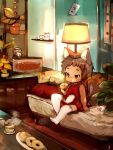  2boys braid cat catboy china_dress chinese_clothes couch crossdressing cup doughnut dress eating food full_body highres lamp miniboy multiple_boys original otoko_no_ko plant potted_plant red_dress shirokujira single_braid sitting solo_focus tea teacup thighhighs white_legwear 