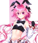  1boy absurdres artist_name astolfo_(saber)_(fate) bangs bare_shoulders black_bow black_gloves black_ribbon blush bow bowtie bunny_hair_ornament commentary_request eyebrows_visible_through_hair fang fate/grand_order fate_(series) gloves hair_between_eyes hair_bow hair_intakes hair_ornament hair_ribbon highres long_hair long_sleeves looking_at_viewer multicolored_hair navel otoko_no_ko pink_hair purple_eyes ribbon skin_fang smile solo streaked_hair twintails upper_body white_hair yeoru 