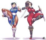  2girls :&lt; alternate_costume arm_guards armor black_eyes blue_dress bodysuit boots bracelet breasts brown_eyes brown_hair brown_legwear bun_cover china_dress chinese_clothes chun-li commentary covered_navel cross-laced_footwear crossover double_bun dress dual_wielding earrings english_commentary eymbee fingerless_gloves full_body gloves greaves highres holding japanese_armor jewelry knee_boots knee_pads large_breasts looking_at_viewer makeup mascara multiple_girls ninja pantyhose pelvic_curtain ponytail puffy_short_sleeves puffy_sleeves red_bodysuit sash short_sleeves short_sword shoulder_armor side_slit skin_tight soulcalibur spiked_bracelet spikes standing standing_on_one_leg street_fighter street_fighter_v sword tabi taki_(soulcalibur) thick_thighs thighs toned v weapon white_background white_footwear 