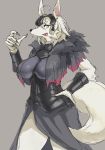 5_fingers anthro big_breasts breasts canid canine canis clothed clothing eu03 female fingers grey_background hair hand_on_hip hi_res kemono looking_at_viewer mammal open_mouth open_smile simple_background smile snout solo standing tongue wolf yellow_eyes 