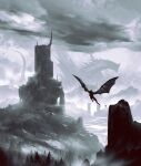  absurdres cloud cloudy_sky commentary dragon english_commentary flying forest giant glowing glowing_eyes grey_sky highres kalmahul mountain nature no_humans original scenery sky tree water western_dragon wings wyvern 