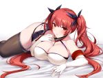  anthropomorphism azur_lane blush breast_hold breasts chain cleavage cropped elbow_gloves garter_belt gloves honolulu_(azur_lane) ikomochi long_hair red_eyes red_hair stockings twintails white 