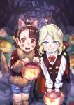  2girls animal_costume animal_ears blonde_hair blue_eyes blush brown_hair candy cape diana_cavendish fake_animal_ears fake_tail fang food grin halloween halloween_costume ice_keki jack-o&#039;-lantern kagari_atsuko little_witch_academia long_hair looking_at_viewer multiple_girls night open_mouth outdoors shiny shiny_hair shiny_skin short_hair shorts smile tail teeth torn_clothes vampire_costume wolf_costume wolf_ears 