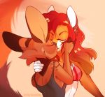  5_fingers anthro anthro_on_anthro breasts canid canine clothed clothing eyebrows eyelashes eyes_closed female female/female fingers fox geekidog hair kissing mammal red_hair 