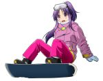  1girl :d bangs black_footwear blue_gloves blush boots commentary eyebrows_visible_through_hair full_body fur-trimmed_jacket fur_trim gloves goggles goggles_on_head high_ponytail hinata_yukari jacket long_hair long_sleeves open_mouth pants parted_bangs pink_jacket pink_pants ponytail purple_eyes purple_hair simple_background ski_gear ski_goggles smile snowboard solo taka_(takahirokun) very_long_hair white_background yuyushiki 