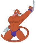  abs alpha_channel anthro bottomwear brown_body claws clothing digital_media_(artwork) dragon_quest english_text jumping_jackal male mammal muscular muscular_male notkastar pecs signature simple_background smile solo speedo square_enix swimwear text tongue tongue_out transparent_background underwear video_games weapon 