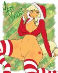  absurd_res anthro applejack_(mlp) bottomless chango-tan choker christmas clothed clothing female friendship_is_magic hi_res holidays jewelry legwear looking_at_viewer my_little_pony necklace open_mouth pussy sitting smile solo text thigh_highs 