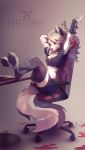  2019 4_toes absurd_res anthro breasts canid canid_demon clothing collar demon feet female fur hair hellhound helluva_boss hi_res legwear loona_(vivzmind) mammal pawpads paws red_sclera silver_hair sitting solo sweetlynight toes white_body white_fur 