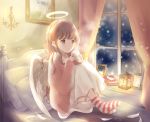  1girl angel angel_wings bangs blue_eyes book book_stack brown_hair bunny candle commentary_request cup curtains dress expressionless eyebrows_visible_through_hair feathered_wings feathers halo headboard highres holding holding_cup hoshiibara_mato indoors knees_to_chest lantern light_particles looking_to_the_side medium_hair night on_bed original painting_(object) picture_(object) picture_frame pillow pink_robe sconce sitting snowing socks solo steam striped striped_legwear white_dress window wings 