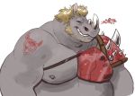  anthro armor belly black_rhinoceros bodily_fluids clothed clothing dramamine drooling grey_body grey_skin grin hair hi_res horn male mammal multi_horn musclegut muscular muscular_male nipples overweight overweight_male rhinocerotoid saliva simple_background smile solo sound_effects tattoo white_background 