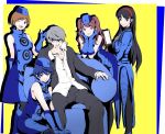  1boy 4girls amagi_yukiko bare_shoulders black_eyes black_hair blue_eyes blue_gloves blue_hair blue_headwear brown_eyes brown_hair cosplay elevator_attendant elizabeth_(persona) elizabeth_(persona)_(cosplay) glasses gloves hairband hat highres kujikawa_rise looking_at_viewer margaret_(persona) margaret_(persona)_(cosplay) multiple_girls nakano_maru narukami_yuu one_eye_closed open_mouth persona persona_3 persona_4 red_eyes red_hair satonaka_chie shirogane_naoto shirt short_hair silver_eyes silver_hair simple_background twintails white_shirt 