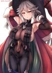  1girl absurdres armpits arms_up bangs bare_shoulders belt black_dress black_gloves blush breasts brown_eyes christmas coat dress elbow_gloves fur-trimmed_coat fur_trim gloves granblue_fantasy gupunetsu hair_between_eyes hat highres huge_breasts jacket_on_shoulders long_hair looking_at_viewer magisa_(granblue_fantasy) open_mouth red_coat red_headwear sideboob silver_hair simple_background solo white_background witch_hat 
