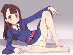  1girl arm_support armad barefoot blue_dress blush brown_hair cameltoe closed_mouth dress feet grey_background kagari_atsuko little_witch_academia long_hair looking_at_viewer luna_nova_school_uniform lying on_side panties red_eyes school_uniform simple_background smile solo spread_legs underwear upskirt white_panties witch 
