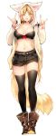  1girl :3 :d bangs belt black_bikini_top black_legwear black_shorts blonde_hair boots bow breasts brown_footwear fangs fox_hood fox_shadow_puppet fox_tail full_body genderswap genderswap_(mtf) hair_ribbon highres izumi_kouhei large_breasts long_hair long_sleeves looking_at_viewer low_twintails midriff navel one_eye_closed open_clothes open_mouth paw_print pepper_fever red_bow ribbon ribbon_trim shorts simple_background skindentation sleeves_past_wrists smile solo standing tail thighhighs twintails very_long_hair white_background world_trigger yellow_eyes 